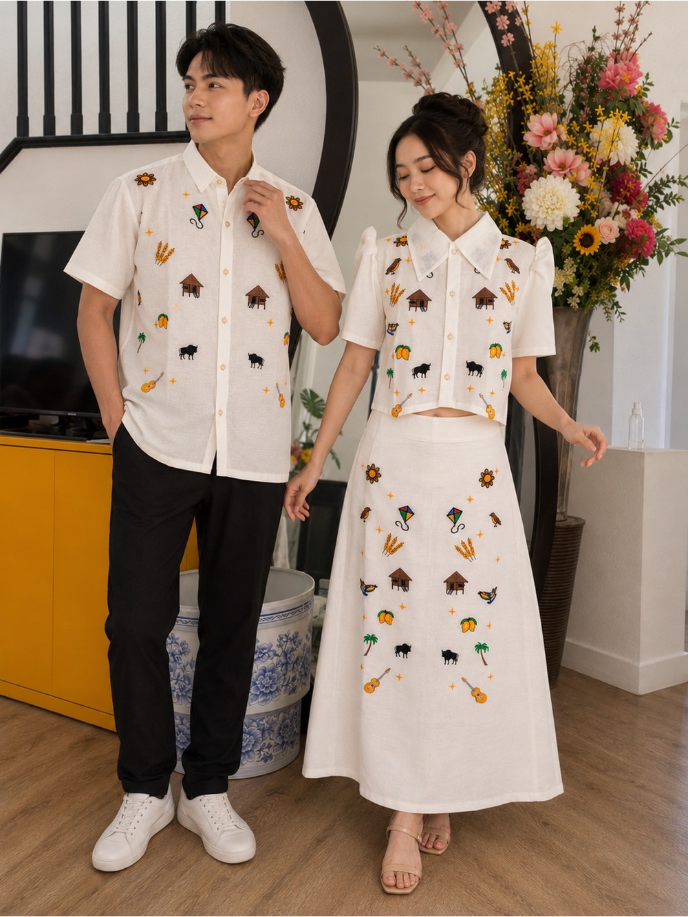 Filipiniana Set Embroidered White Blouse & A-Line Skirt - Picture 7 of 9